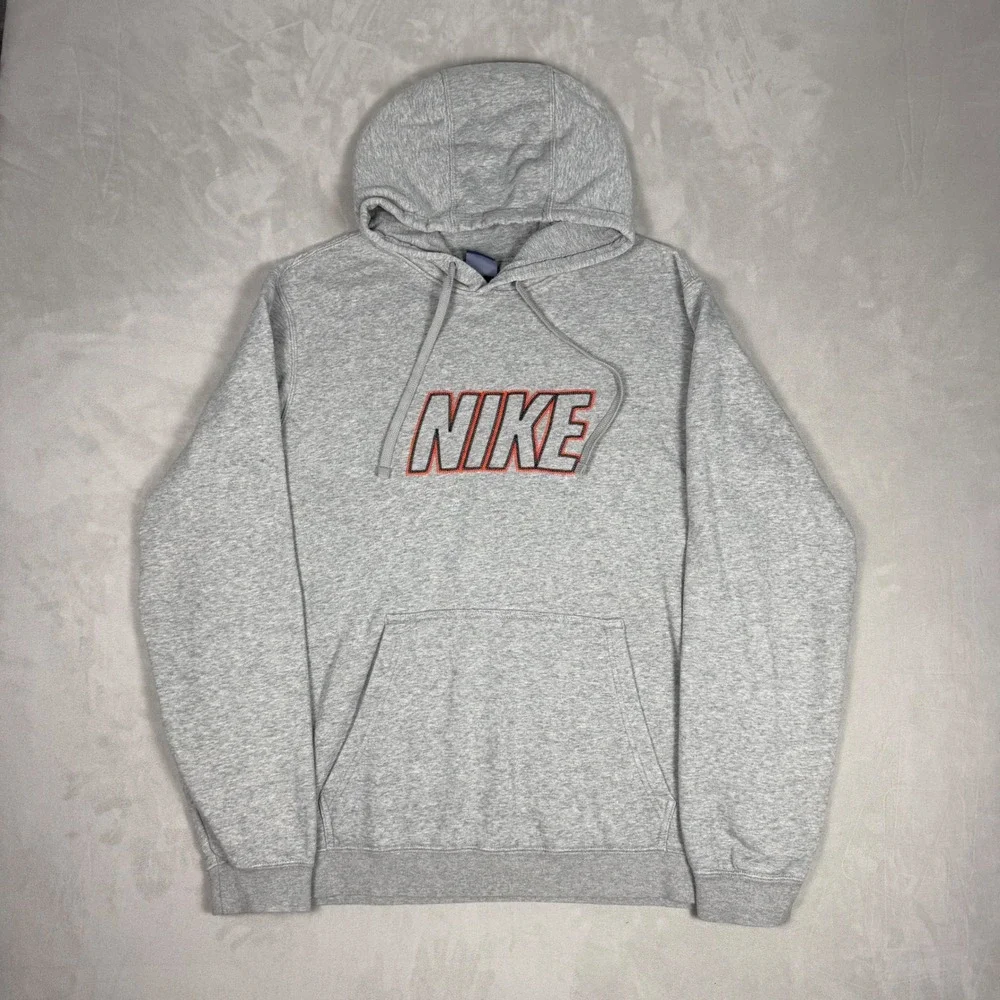 Y2K Mens Nike Spellout Embroidered Fleece Hoodie Heather Grey Large